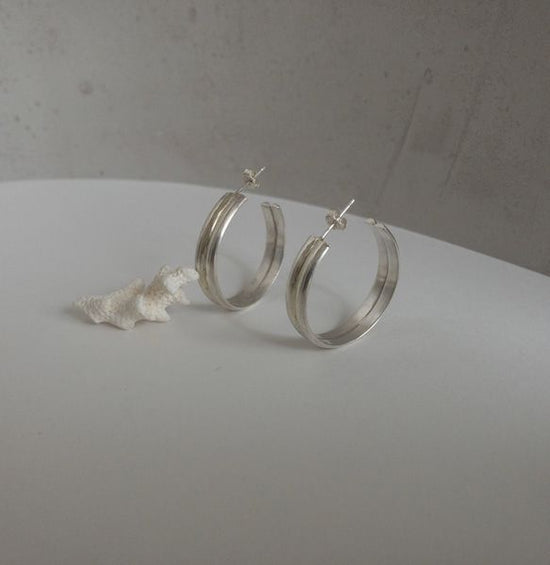 silver 950 double line 3cm hoop pierced earrings simple silver pierced earrings/Clip-on earrings