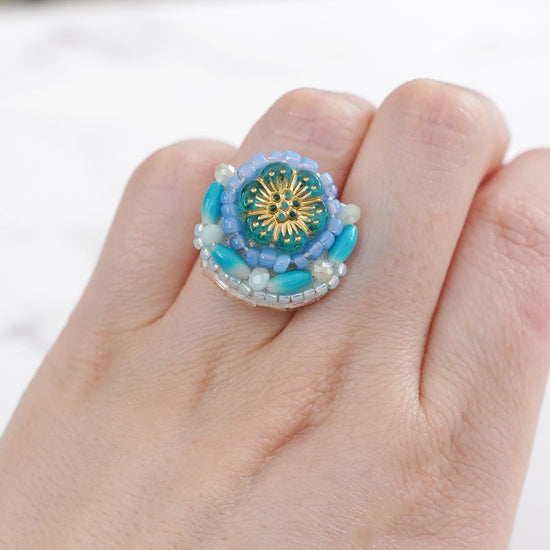 Chatty ring 48 free size beaded embroidery ring flower blue colorful