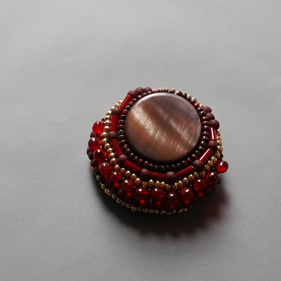 Very light chatty brooch 44 bead embroidered brooch red brown shell, one of a kind