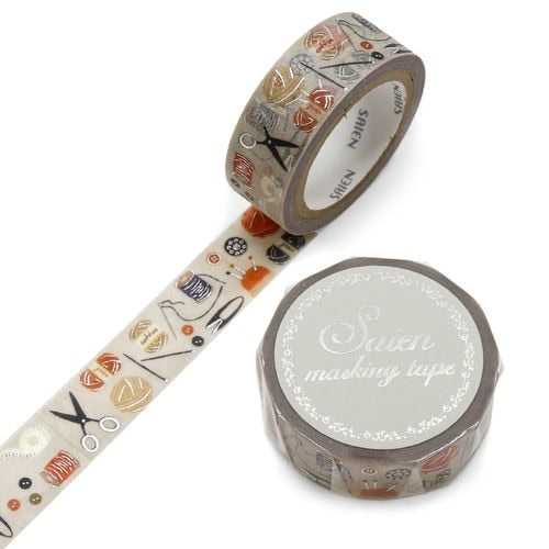 Kamiiso Sansho Masking Tape SAIEN – Sewing Design, 15mm × 7m Roll