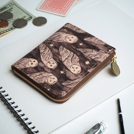 L-Shape Zipper Wallet (Holy Owl) All Leather for Ladies and Men