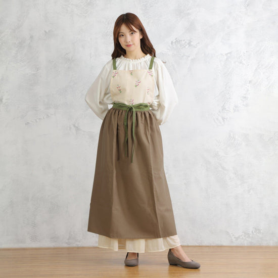 Long wide gathered apron with cherry sage pattern D-0008