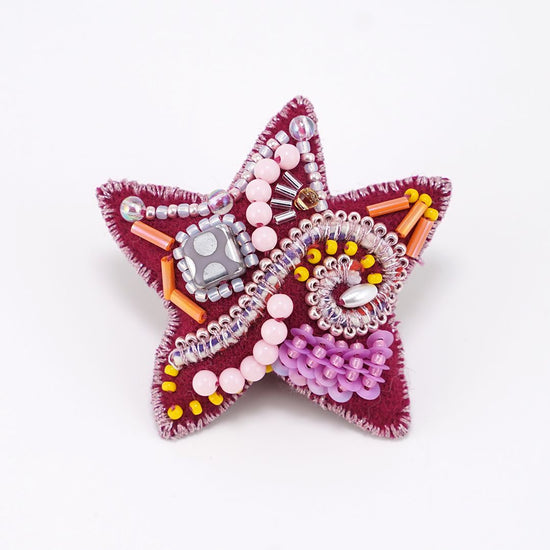 Christmas ornament. Very lightweight star brooch with bead embroidery, 1 pink.