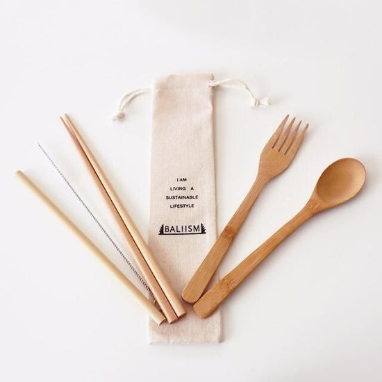 Bamboo Cutlery Set BCS-04 (spoon, fork, chopsticks, straw, cleaning brush, storage pouch) | BALIISM