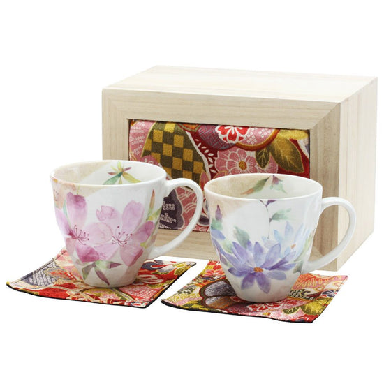Flower Kaori Pair of Mug Cups Wooden Box with Crape (04154)