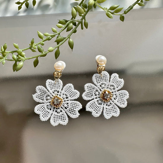 Large Pierced earrings and Clip-on earrings with Flower Lace