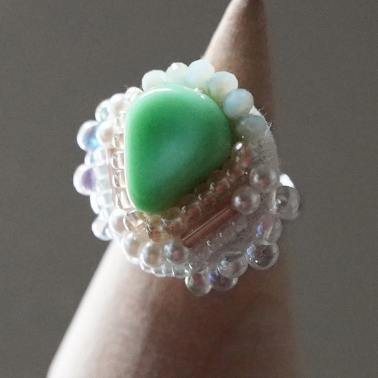 Chatty ring 66 free size bead embroidery ring green multicolor clear