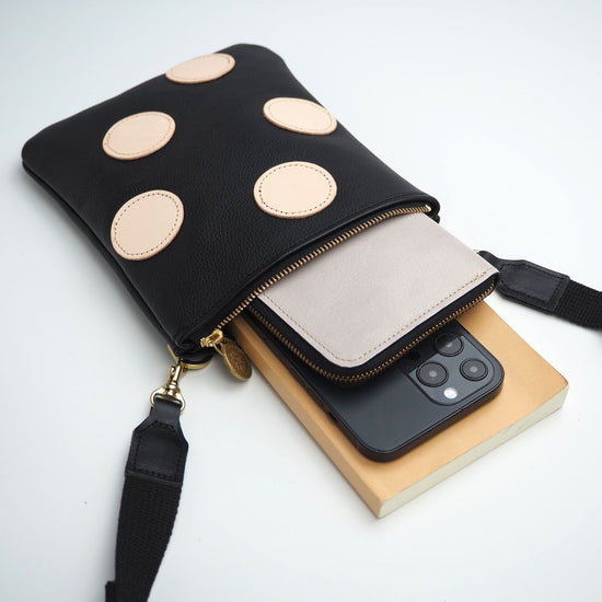 Zipper Mini Pochette (Polka Dot Patchwork / Black) Genuine Leather Phone Shoulder Bag