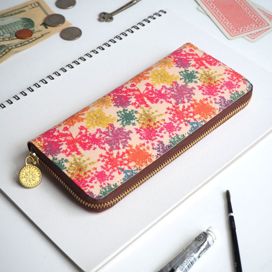 Round Zipper Long Wallet (Vivid Lace Flower) All Leather for Ladies