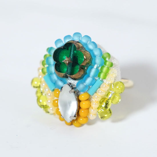 Chatty ring 62 free size beaded embroidery ring flower green yellow multicolor