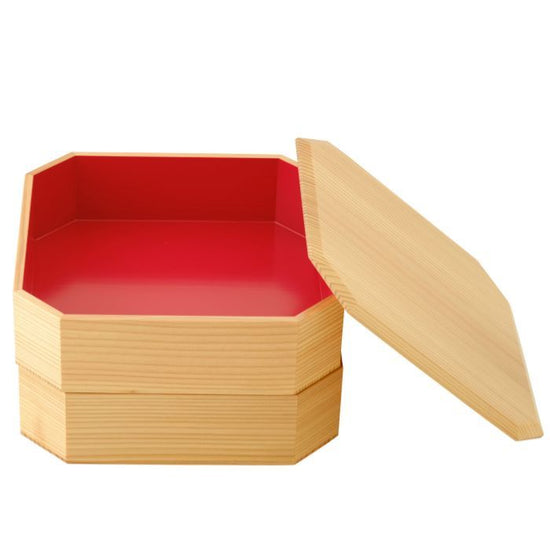 Three-tiered stacked dish with a corner cutout (red inside)