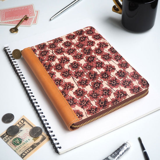 B6-size Round Zipper Notebook Cover (Chocolate Cosmos) Case for Schedule Book, Diary, Notebook, Mother & Child Notebook, Red Seal Book