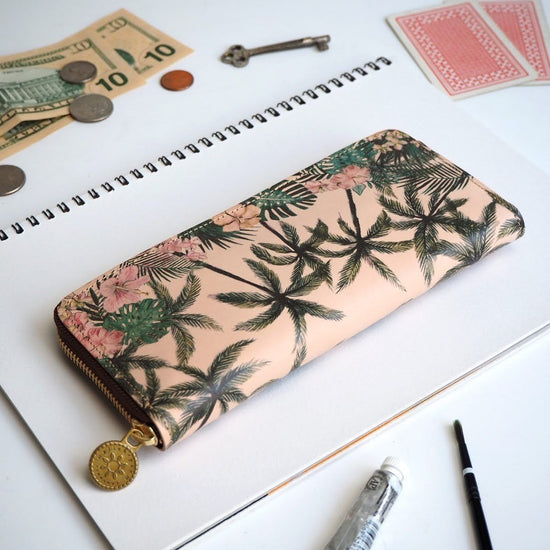 Round Zipper Long Wallet (Tropical Palm) All Leather for Ladies and Men