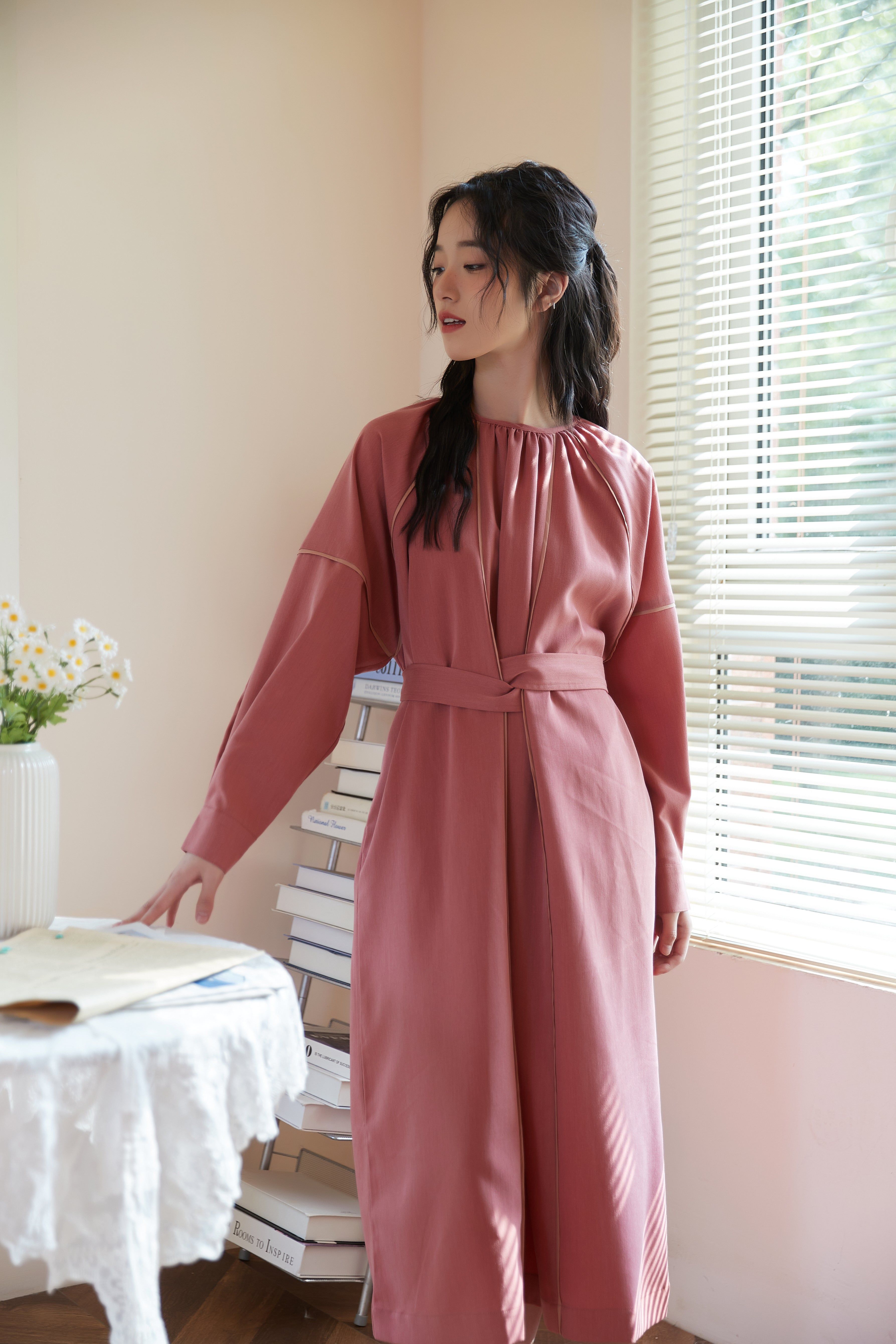 Long-Sleeved Gathered Dress with Piping Detail Belt – orosy