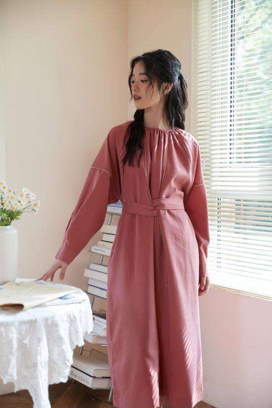 Long-Sleeved Gathered Dress with Piping Detail Belt