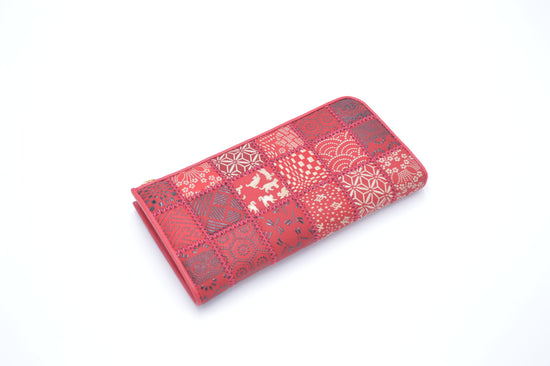 Patchwork Inden L-shaped Zipper Long Wallet, Red/Combination