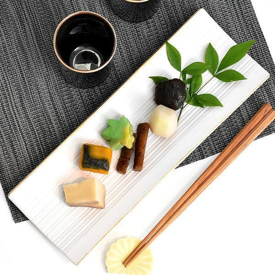 Fuchi Kinshi White Matte Stripe Engraving Long Rectangular Dish White Japanese Tableware Long Rectangular Dish, Minoyaki, Made in Japan