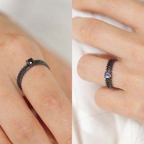 Sulanga ring: moonstone & black diamond 2buy set