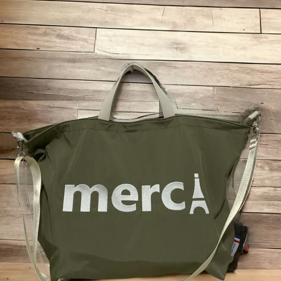 Merci Logo Embroidered 2way Tote L Khaki