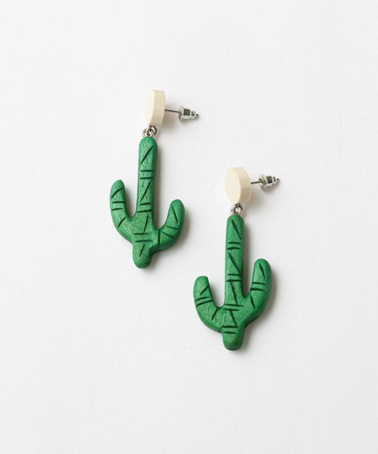 Wood cactus stud Pierced earrings A24WPE067GN