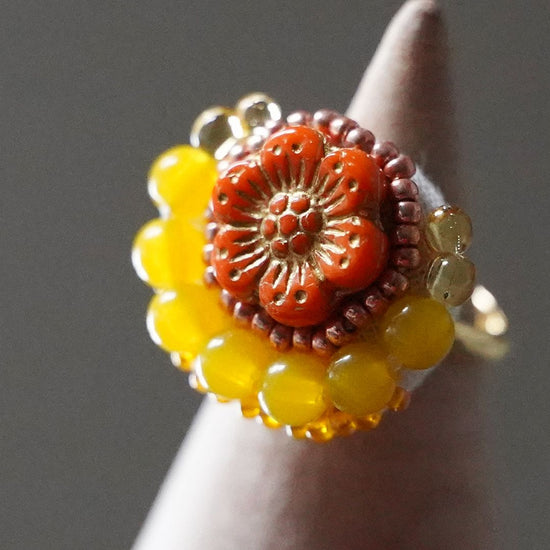 Chatty ring 9 free size beaded embroidery ring flower orange yellow colorful vitamin color