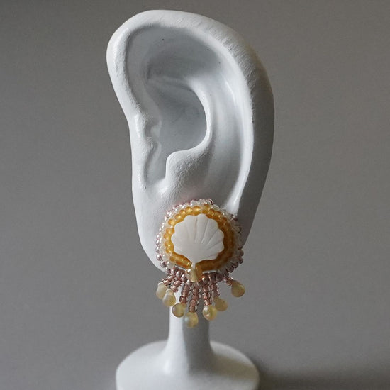 Bead embroidery Clip-on earrings Pierced earrings 9 white yellow orange large size One of a kind