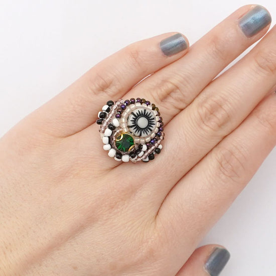 Fashionable Ring 25 Free Size Beaded Embroidery Ring Flower Bijoux Black White Colorful Multicolor