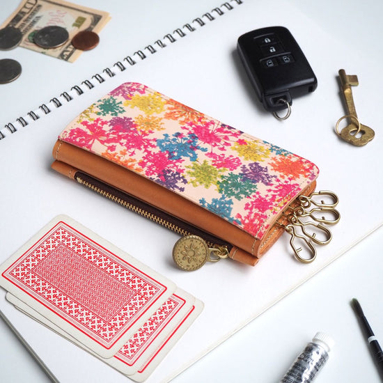 Key Case with Wide Zipper Pocket (Vivid Lace Flower) Cowhide Women and Men