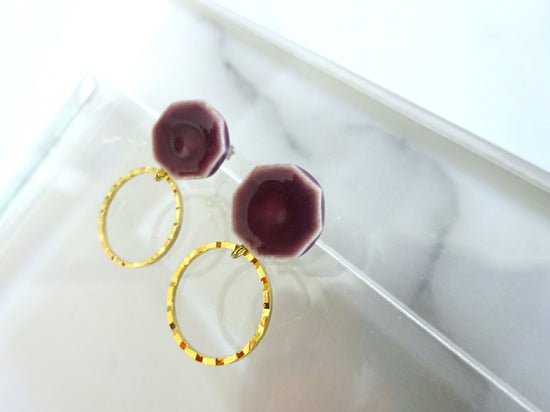 Octagonal and Gold Ring Ceramic Pierced Earrings / Clip-on Earrings Purple
