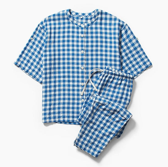 Cotton Gingham Double-Layered Gauze Short-Sleeved Pajamas Ladies Blue