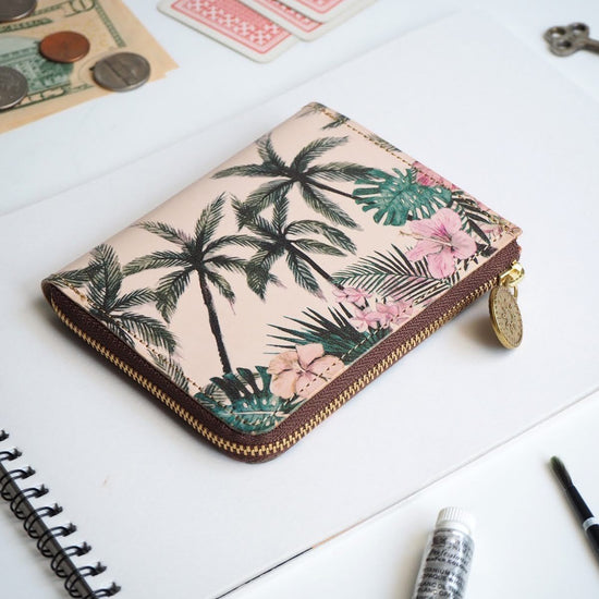 L-Shape Zipper Wallet (Tropical Palm) All Leather for Ladies and Men