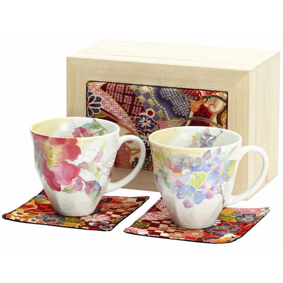 Hana Misaki Pair of Mug Cups Chirimen Wooden Box (03120)