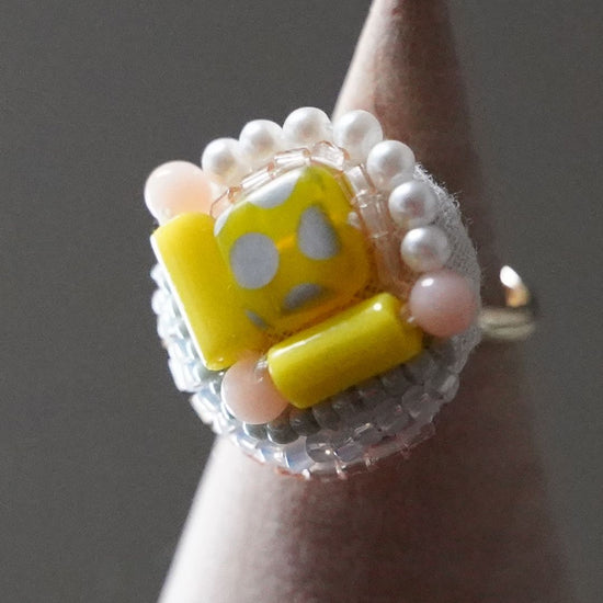 Chatty ring 2 free size bead embroidery ring dot yellow multicolor