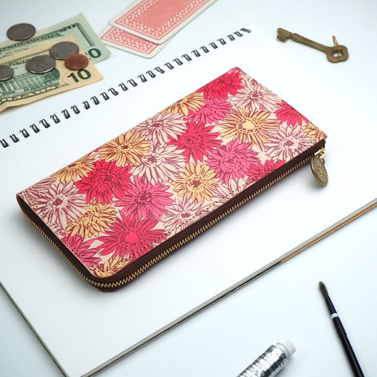 L-Shaped Zipper Long Wallet (Gerbera) Genuine Leather Compact Flower Pattern