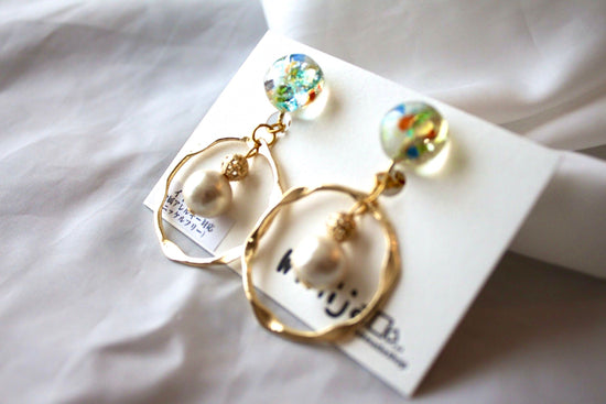 Suigetsu Hana ~ 2-way Pierced earrings with Ryukyu glass and cotton pearls