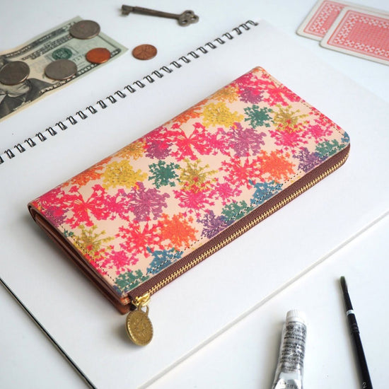 L-Shape Zipper Long Wallet (Vivid Lace Flower) All Leather for Ladies and Men