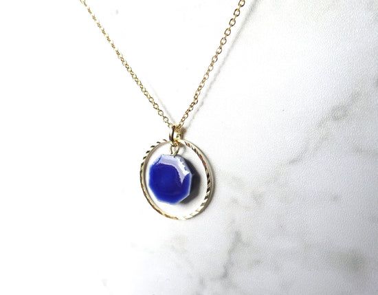 ceramics and gold ring necklace (blue)