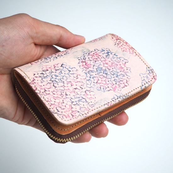 Key Wallet [ Mini Wallet + Key Case ] (Hydrangea) Genuine Leather Compact Hydrangea