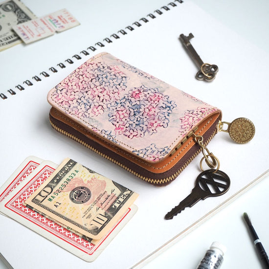 Key Wallet [ Mini Wallet + Key Case ] (Hydrangea) Genuine Leather Compact Hydrangea
