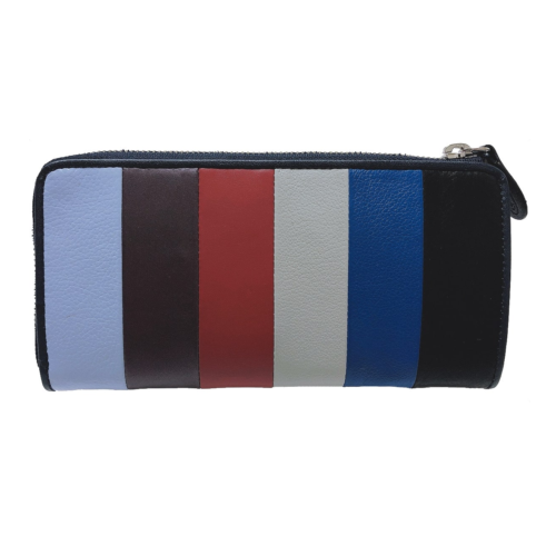 Striped long wallet in navy cowhide leather