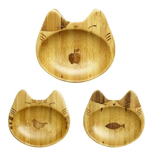 3 kinds of small Cat-Shaped Bamboo Plates (Apple / Bird / Fish)