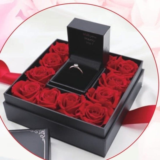 Proposal ring case with 12 preserved flowers and message engraved case TBBR-017A