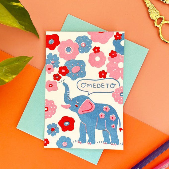 OMEDETO 카드, 봉투 세트 - 코끼리와 꽃