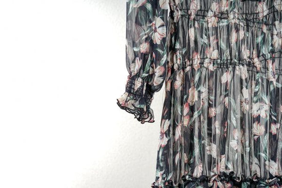 Floral Pattern Shirring Dress (Black)