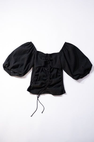 Cut Jacquard Drawstring Gather Blouse(BLACK)