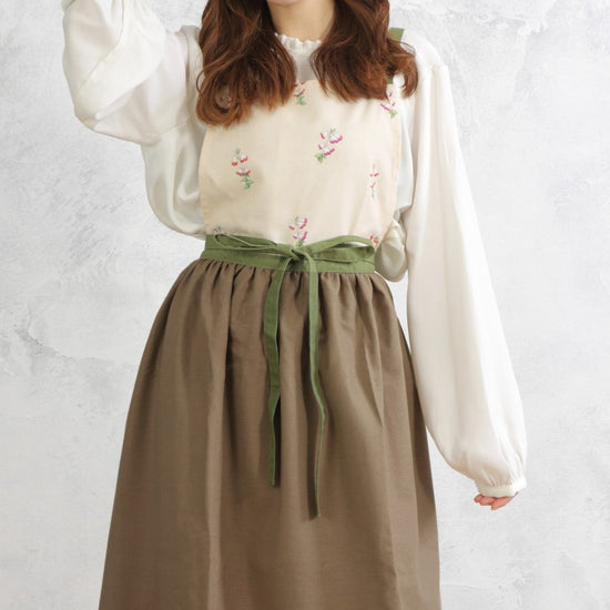 Long wide gathered apron with cherry sage pattern D-0008