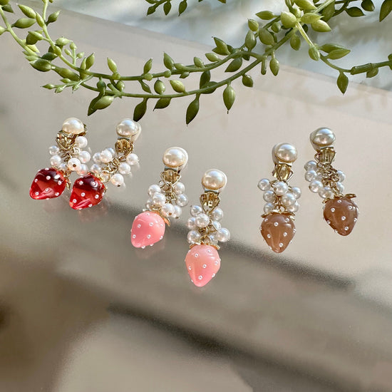 Fruit Pierced earrings and Clip-on earrings with Pearls and Strawberries