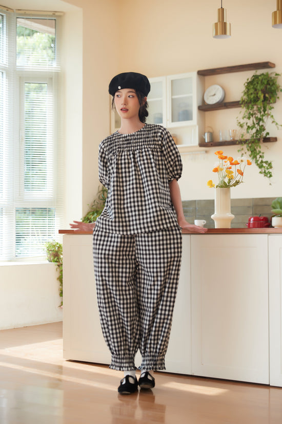 Gingham Check Smocking Embroidery Pumpkin Pants