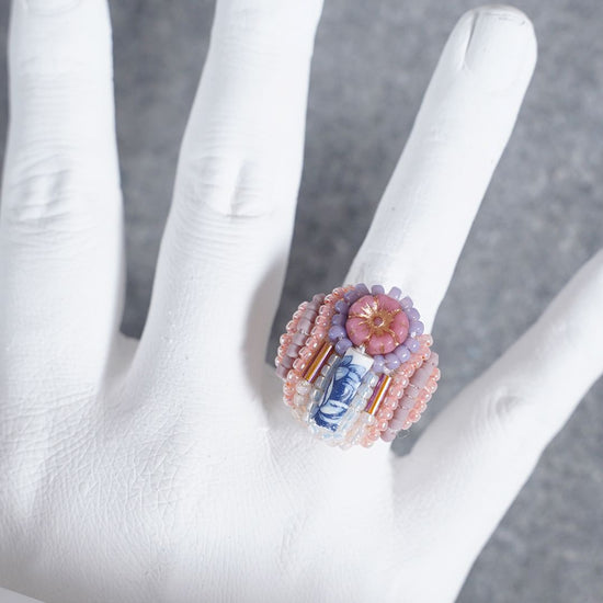 Chatty ring 80 free size beads embroidery ring flower pink blue multicolor