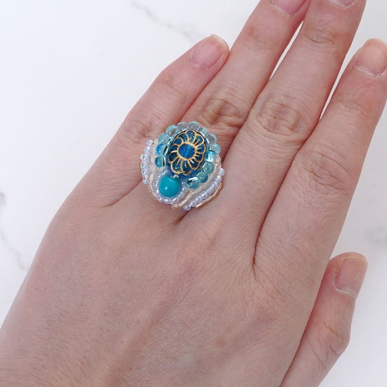 Chatty Ring 13 Free Size Beaded Embroidery Ring Flower Blue White Colorful Multicolor Clear